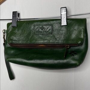 Patricia Nash Valerie glazed leather green logo embossed foldover clutch